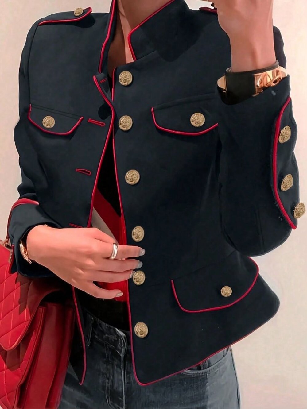Black Red Piped Military Style Women's Single Breasted Gold Button Jacket